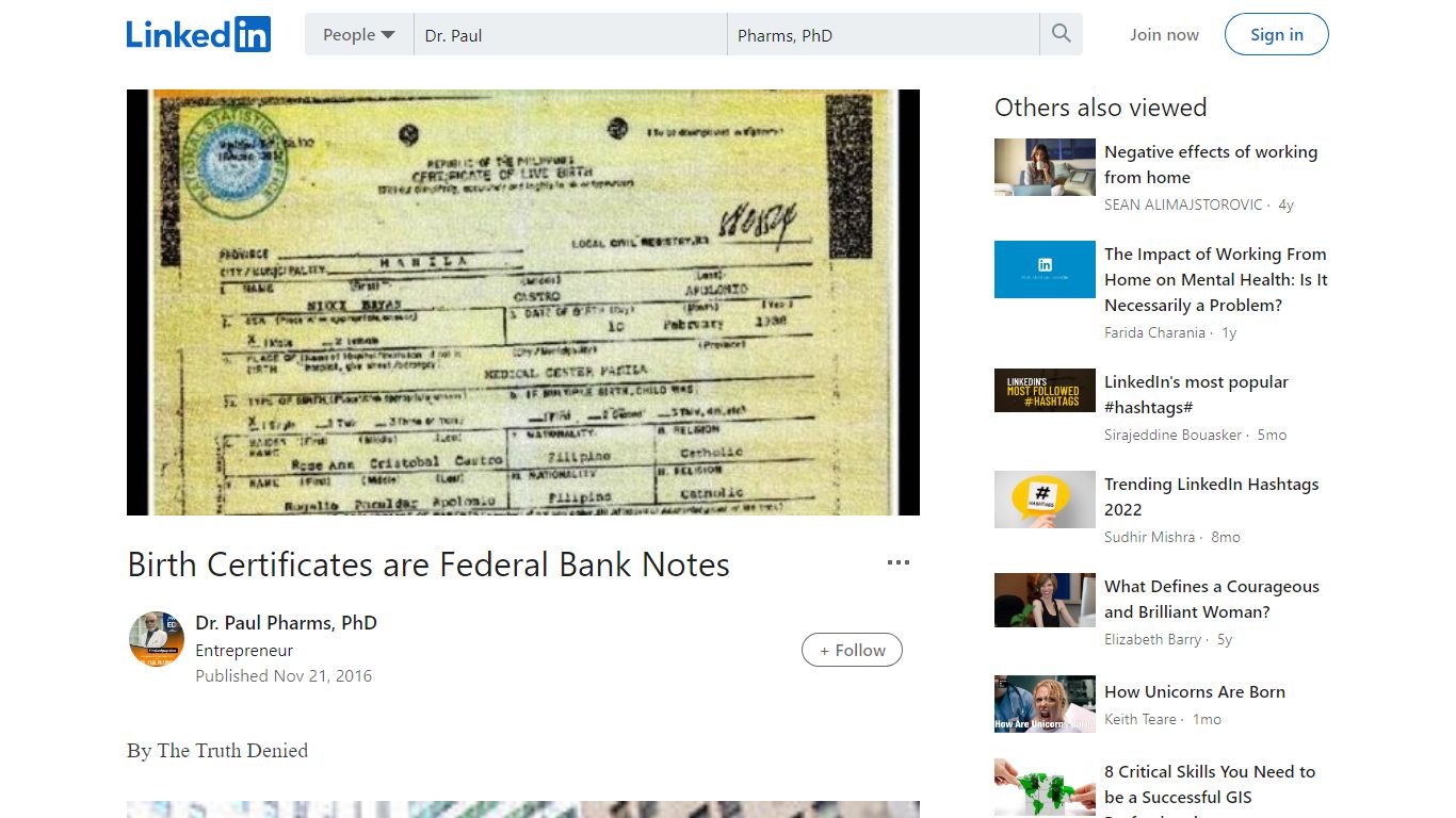 Birth Certificates are Federal Bank Notes - LinkedIn